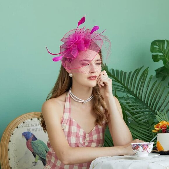 Fascinators Hats Polyester Feather Veil Small Pillbox for Weddings and Parties - Picture 2 of 8